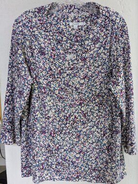 Chico's Women's Red/Blue Abstract Pima Cotton 3/4 Sleeve V-Neck Top 2 L